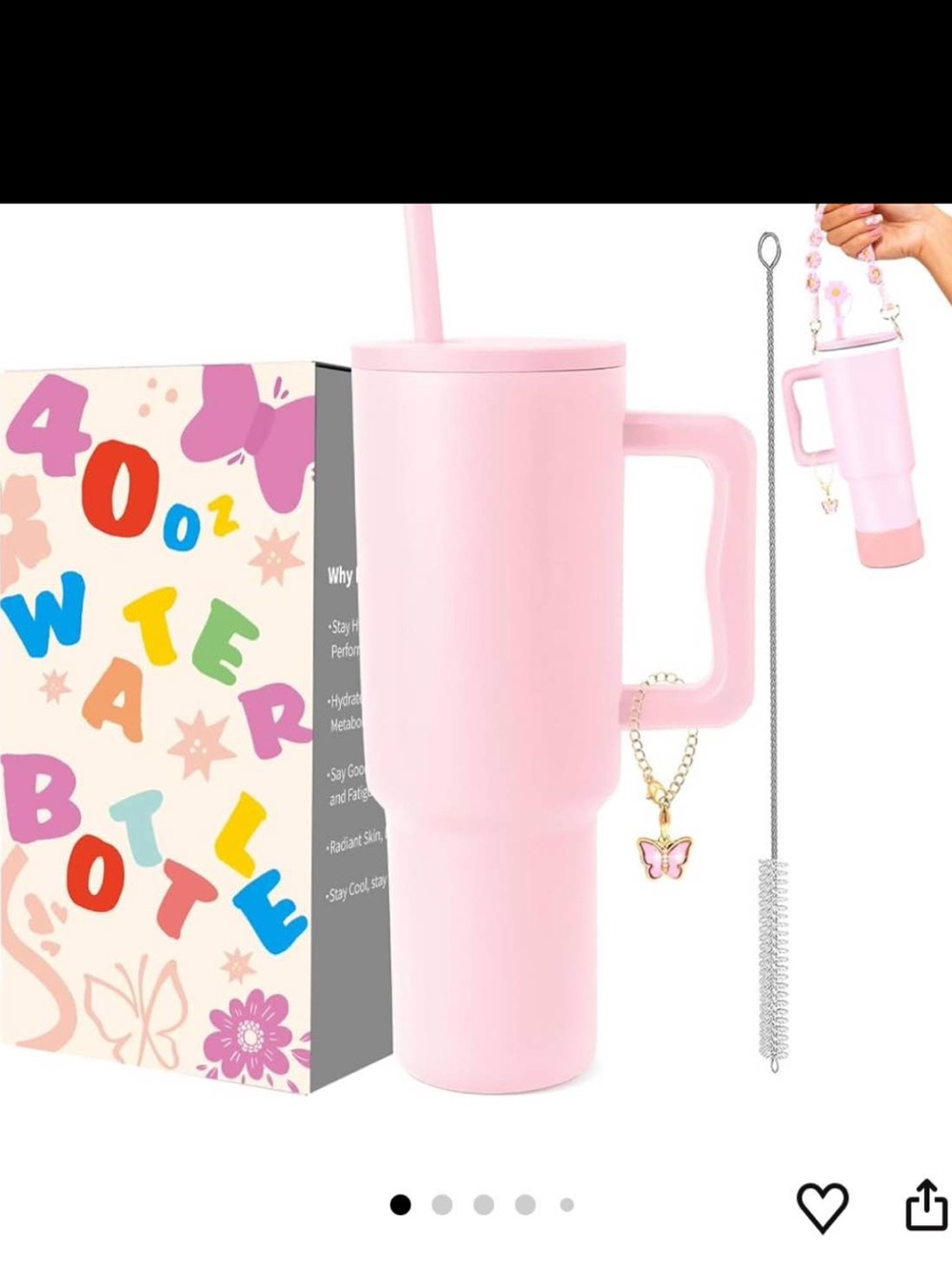 Pink Insulated Travel Tumbler with Handle and Charm -
